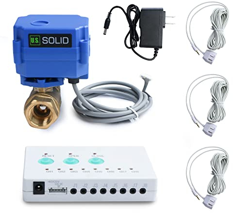 U.S. Solid Water Leak Detector with Auto Shutoff Valve, Sound Alarm, 1 Motorized Brass Ball Valve System & 3 Sensors, Home Flood Prevention & Water Damage Defense for Basement, Laundry, Water Heater