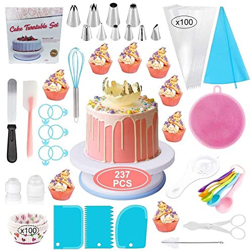 YOTOYOU Torten Zubehör Set 237 Stücke Tortenplatte Drehbar Backzubehör Set mit Tortendrehscheibe und Spritztüllen Spritzbeutel Abgewinkelter Spatel Muffinförmchen