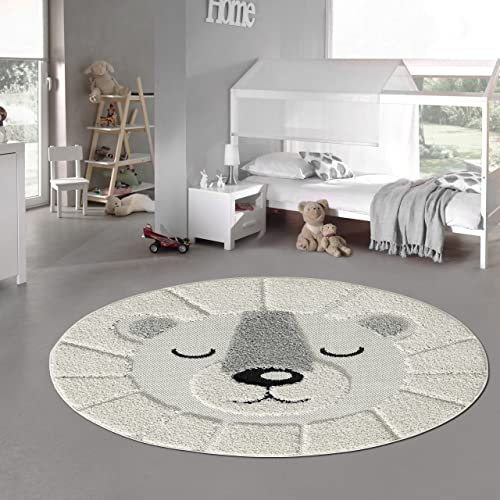 Teppich-Traum Runder Kinderteppich flauschig – schlafender Bär – in Creme, Größe 200 cm rund
