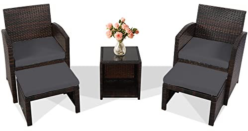 KOMFOTTEU 5 TLG. Rattan Gartenmöbel Set, Balkonmöbel Set mit 1 Rattantisch & 2 Stühle & 2 Fußstützen, Sitzgruppe für 2 Personen, Rattanmöbel & Gartengarnitur für Balkon Terrasse Garten (Schwarz)