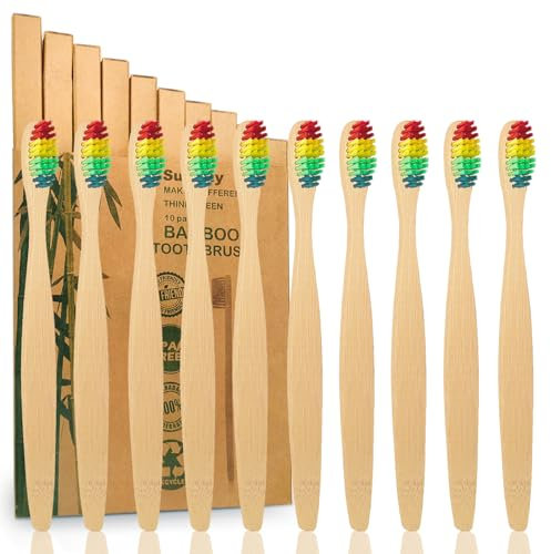 10er Pack Farbige Bambus Zahnbürsten Weich | Natürliches Holzzahnbürste | BPA-freie Premium Bambus-Kohlefaser-Borsten | Vegan Biologisch Abbaubare Kompostierbare Holzkohle Zahnbürsten | Plastikfrei