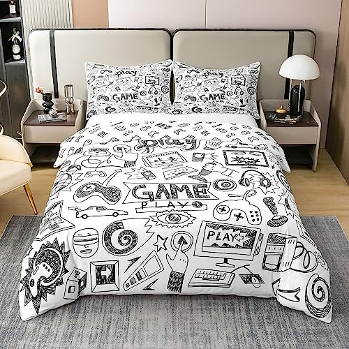 Homewish Reversible Baumwolle Gaming Tröster Abdeckung 135x200, Kinder Gamepad Cartoon Bettwäsche Set, Videospiele Gamers Bettbezug, Hip Hop Graffiti, Rennen Auto, Schwarz Weiß