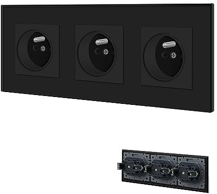 BSEED Prise Murale,Prises electriques Standard avec des griffes,16A 110-250V Triple Prise de Courant Alternatif avec Panneau en Verre Cristal,Prise Encastrable, pour Bureau à Domicile(3 Prise,Noir)