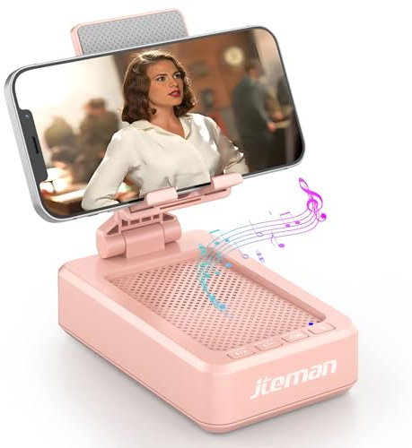 JTEMAN Cell Phone Stand with Bluetooth Speaker,Birthday Gifts for Women and Men,Kitchen Gadgets for Men,Compatible for iPhone/Samsung/Mini iPad - Pink