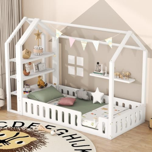 SogesHome Kindbett 90 x 200 cm Kinderbetten Kleinkindbett Flachbetten Hausbetten mit Geländer Hausbett für Kinderzimmer mit 3 Regalen für Aufbewahrung, Weiß