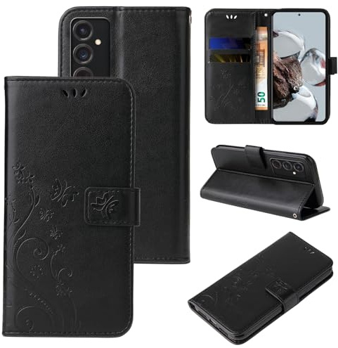 LBH Handy Hülle für Samsung Galaxy S24 Case Handytasche Schmetterling Blumen Flower Standfunktion Schutzhülle Magnet Rundum Schutz 360 Grad Flipcase Cover Schwarz