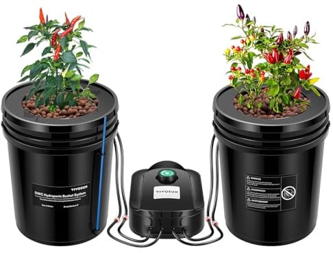 VIVOSUN DWC Hydroponics Grow System with Top Drip Kit, 5-Gallon Deep Water Culture, Recirculating Drip Garden System with Multi-Purpose Air Hose, Air Pump, and Air Stone (2 Buckets + Top Drip Kit)