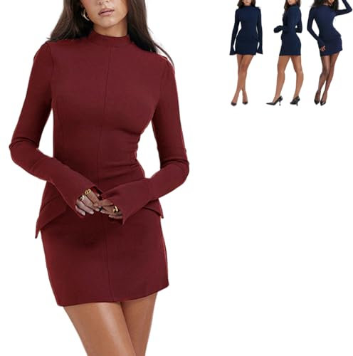Zhongle Afloura Damen Cargo-Minikleid,Afloura Kleid,Langärmeliges Frühlings-Minikleid,Hochgeschlossenes Wickelkleid für Frauen (Weinrot,XS)