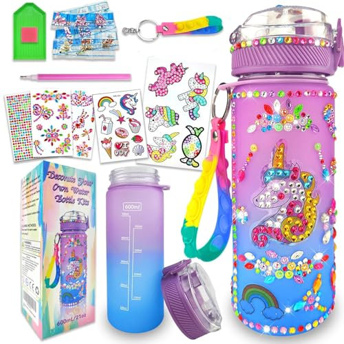 Felly Filles Bouteille d'eau Arts et Kits d'artisanat DIY Gourde Bouteille pour Enfants avec Autocollant Licorne, Isotherme Bouteille Kit de Loisir Créatif Enfant Cadeau Fille 4 5 6 7 8 9 10 11 12 Ans