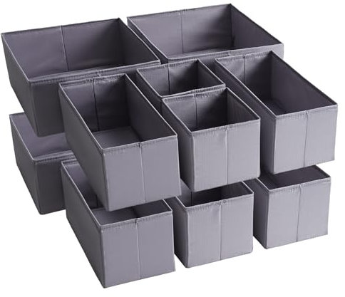 TYEERS Schubladen Organizer, Strapazierfähiger Stoff, Waschbar, mit Bodenstützplatten, Kleine Aufbewahrungsboxen für Badezimmer, Kleiderschrank, Kommode, 12er-Set, Dunkelgrau