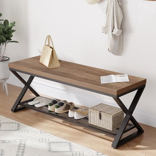 LVB Industrielle Sitzbank Flur Schuhbank mit Sitzfläche und Stauraum Sitzbank Holz mit Stauraum für Wohnzimmer Flur Foyer Esszimme Rustikale Eiche 120cm