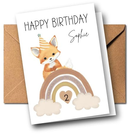 Personalisierte Kinder Glückwunschkarte zum 1. 2. 3. 4. 5. 6. 7. usw. Geburtstag Grußkarte Geburtstagskarte Faltkarte Kindergeburtstag mit Name verschiedene Tiermotive Boho Regenbogen (Fuchs)