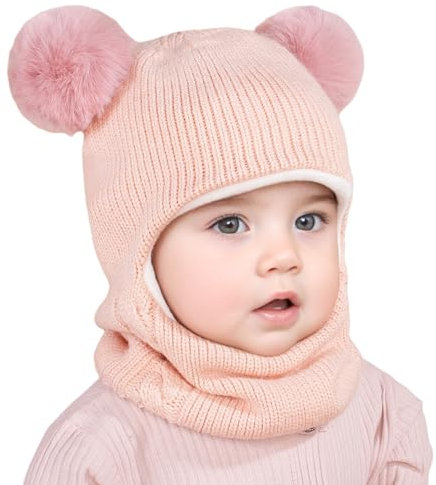 Ourdort Schlupfmütze Kinder,Baby Mütze,Babymütze Winter,Baby Mütze Winter Neugeborene,mit Bommel Fleecefutter Beanie Mütze,für 2-7 Jahre alt Baby. (Rosa)