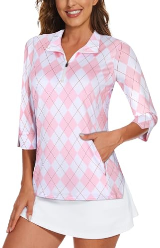 Viracy Women's Golf Shirts 3/4 Sleeve Sun Protection Quarter Zip with Zipper Pockets Athletic Polo Workout Tops S-2XL