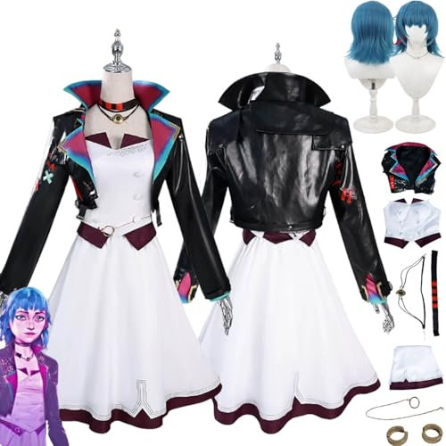 bbganlian Anime Arcane Season 2 Jinx Cosplay Kostüm Outfit Vi Caitlyn Rollenspiel Uniform Komplettes Set Halloween Party Karneval Dress Up Anzug mit Perücke Ohrclips für Frauen (L)
