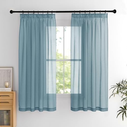 PONY DANCE Kurzer Vorhang Transparent Voile Gardinen mit Kräuselband | Blau,H160 x B140 cm,2er Set,Vorhang Durchsichtig für Schlafzimmer,Gardinen Schienensystem,Sheer Curtains,Luftig