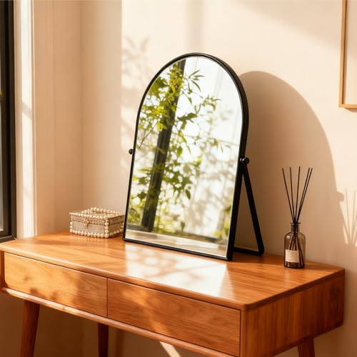 Numjeg Schwarzer Metall-Schlafzimmer-Spiegel, Schminkspiegel, Schminkspiegel, Bogen, Make-up, Badezimmerspiegel, drehbar, gerahmt, Stehspiegel, 90 ° verstellbar, Raumdekoration für Wohnzimmer