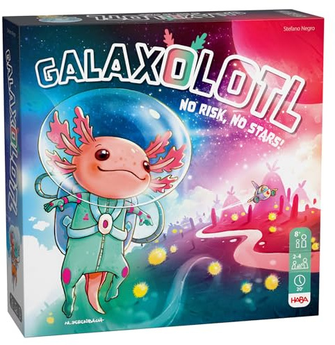 HABA Galaxolotl - No Risk No Stars - Außerirdisches Karten- und Brettspiel mit Axolotl - Ab 8 Jahren - Familienspiel für 2 bis 4 Spieler – 2012227001