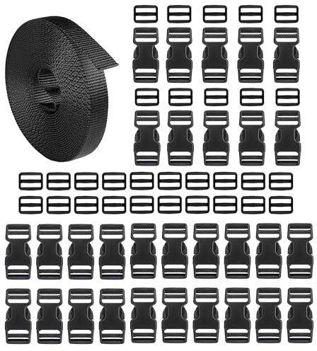 HUAZIZ Schnallen Gurtband Set 25 mm, 10M Nylon Gurtband mit 30 Tri-Glide Slides Clip, Einstellbare Kunststoffschnalle for DIY Craft Rucksack Tasche