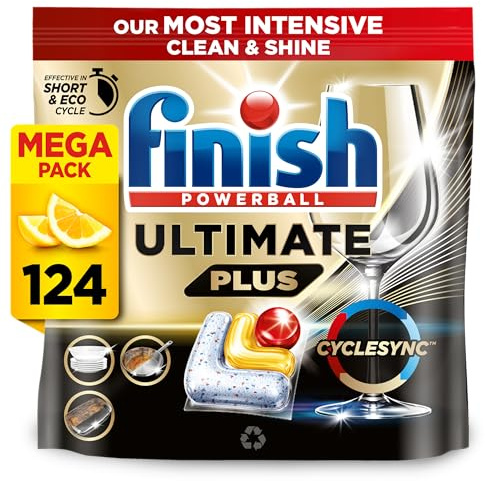 Finish Dishwasher Tablet, Ultimate Plus, 124 Tabs (62 x 2pck), Lemon Sparkle, Tough on Grease, Our Most Intensive Clean & Shine, Effective for Short Eco Cycle