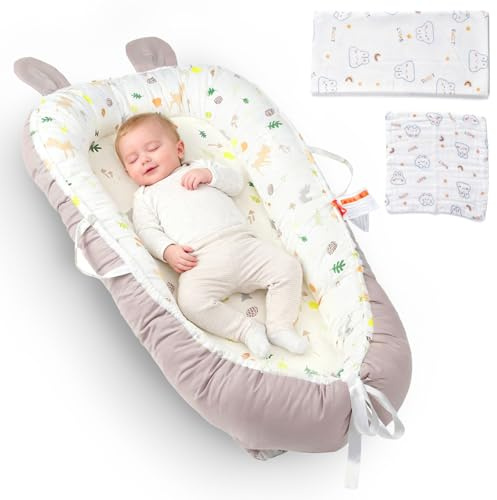 WoRaum Baby Nest,Baby Bettchen Nest,Ultraweicher, atmungsaktiver Babylounger für 0–24 Monate, Babynestchen waschbar,tragbares Schlafnest für Neugeborene mit Zubehör (Plumose Hirsch,mit Ohren)