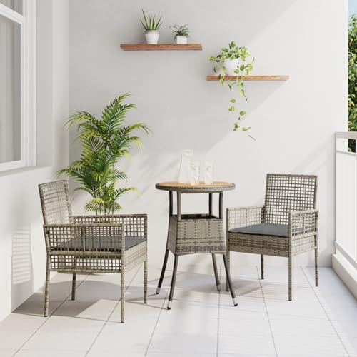 IBUQDDV 3-TLG. Garten-Essgruppe Grau Poly Rattan Set mit 2 Stühlen und Tisch, Outdoor Möbel für Terrasse Balkon, Wetterfestes Synthetik Rattan Esszimmergarnitur, Bequeme Sitzkissen,