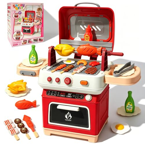 CATCHLUCK Kids BBQ Grill Playset, Play Kitchen Set for Kids Kitchen Grill Toys with Accessorie & Realistic Smoke/Sound/Light Play Toys for 3 4 5 Year Old Girls Boys Gifts