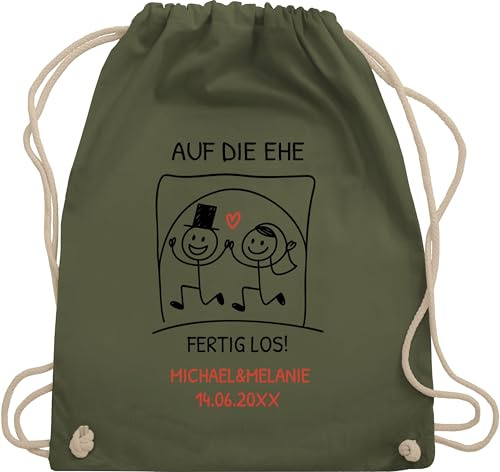 Turnbeutel Rucksack - Hochzeit Taschen - Auf die Ehe, fertig los! - personalisiert Hochzeitsgeschenk Braut und Bräutigam - Unisize - Olivgrün - & hochzeits married