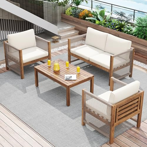 Xwiny Gartenmöbel Set aus Rattan, Wetterfeste Lounge Möbel Outdoor mit Verstellbaren Füßen, 4-Teiliges, 1 Doppelsofa, 2 Einzelsofa, 1 Tisch, Akazie, Alle Kissen Inklusive (Beige - A)