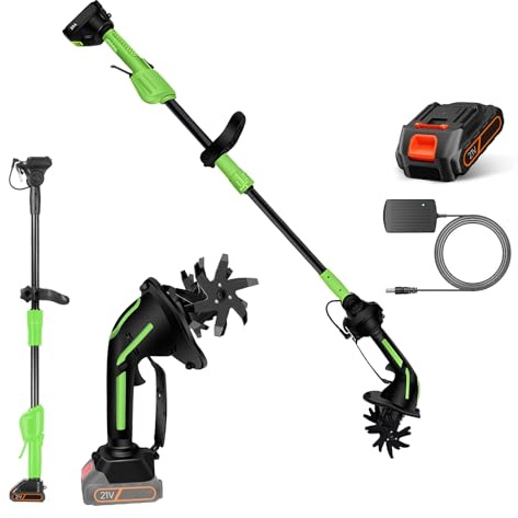 2-in-1 Akku Motorhacke 21V mit Akku, Elektrische Handgartenfräse kabellos, Leichte Bodenfräse mit 10cm Arbeitsbreite & -Tiefe, 2300RPM, für Beet, Hochbeet, Blumenbeet & Gemüsegarten (1 Batterie)