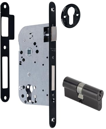 Cerradura de Seguridad para Embutir, 70mm entre Ejes y 50mm Hasta Bocallave, Canto Redondo Monopunto, Acabado Negro, Compatible con Europerfil, para Puertas de Entrada, Incluye Pletina.