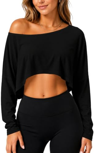 Navneet Women Baggy Off The Shoulder Tops Pilates Yoga Tops | Music Concert Rave Festival Outfits, Sexy Going Out Tops, Night Out Clubbing Tops, Long Sleeve Gym Crop Top