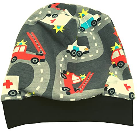 Beanie Mütze mit Feuerwehr, Polizei, Krankenwagen auf grau, auch gefüttert