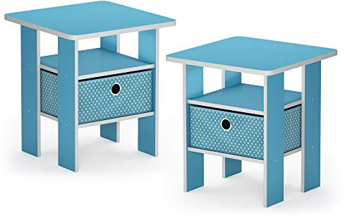 Furinno ANDREY Set of 2, Side Table with Storage Bin, Light Blue | Bedside Table, Open Shelves, 39.4 x 39.4 x 44.5 cm, End Table, Night Stand, for Living Room, Bedroom