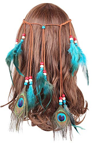 Petalum Böhmische Pfau Feder Kopfschmuck Stirnband Flechten Haar Band Stirnband Blei Seil Kostüm für Abendkleider Fasching Karneval Festnacht (Type 2 Seeblau)