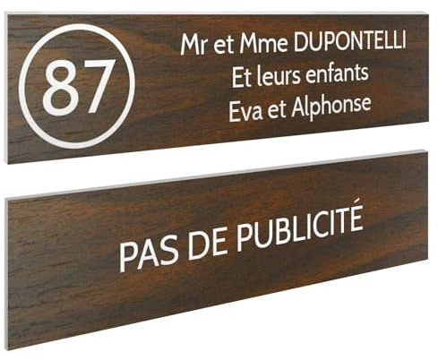 DECOHO - Plaque Boite aux Lettres Personnalisable - Lot de 2 plaques adhésives en Plastique Durable - Bleu Lettres Blanches - Format 100x - Marron
