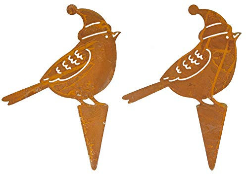 B2S BACK2SEASON 2 x Metall Stecker Vogel mit Mütze Rost Winterdeko Garten Topfdeko 2er Set
