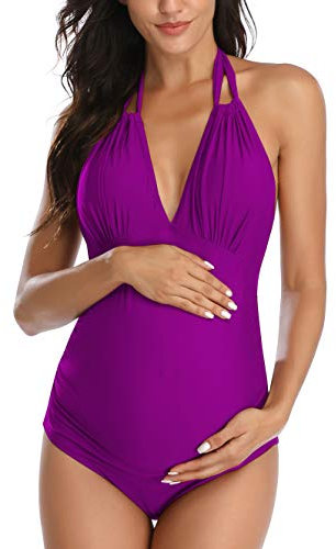 EastElegant Costumi da Bagno Premaman Un Pezzo V-Collo Gravidanza Costumi da Bagno Halter Bikini Premaman, Viola, M