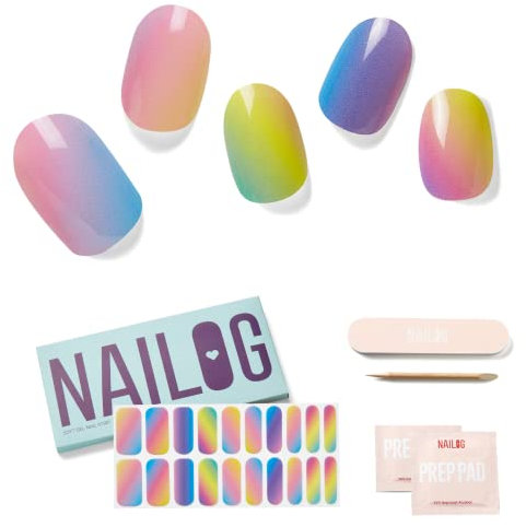 NAILOG Semi Cured Gel Nail Strips, Extra Long Nail Polish Strips (20 Pieces), Long Lasting Semi Cured Nail Stickers with Soft Glossy Gel Finish, Rainbow