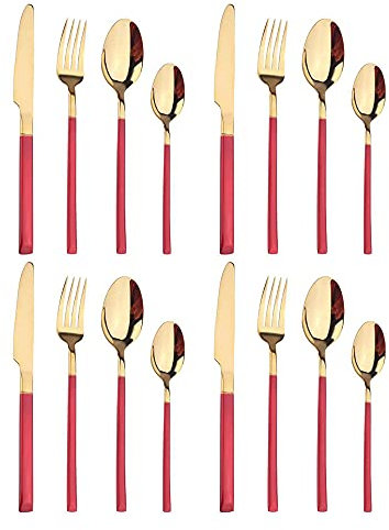Stainless Steel Cutlery Set of 16 Pieces, 18/8 Stainless Steel Table Knife/Table Fork/Table Spoon/Tea Spoon ,Silver Ware Flatware Set for 4, Mirror Polished,Can Be Placed in The Dishwasher!(Red gold)