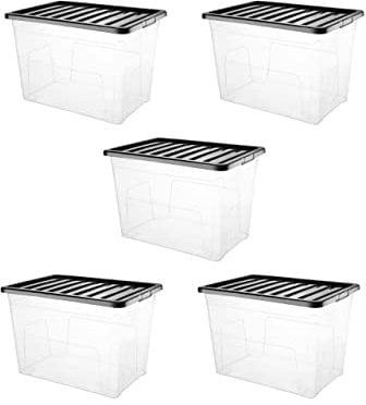VTL® 5 X 80 LITRE PLASTIC STORAGE BOXES OFFICES TOYS HOME WITH BLACK LID (PACK OF 5)