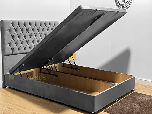 Official J&S Divan Ottoman Storage Bed (Footend Opening With 50 Floor Standing Chesterfield Design HeadBoard+ Matching fabric buttons) (Grey Plush, 4ft6 Double)