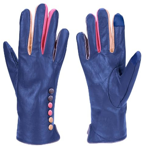Vera Tucci TIFFANY G01 Originals Designer Luxuriöse Lederhandschuhe - Damen Handschuhe Winterhandschuhe Winterhandschuhe für Damen Designer Handschuhe Fingerlose Handschuhe Fäustlinge, navy, L/X-Large