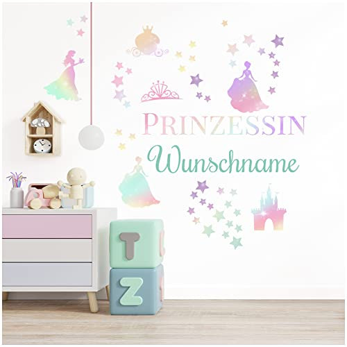 Wandsticker personalisiert Sticker Aquarell Tiere mit Name Wandtattoo für Kinderzimmer Babyzimmer Spielzimmer Mädchen Junge Y037 (Nr. 36 Kleine Prinzessin, Mit Wunschname)