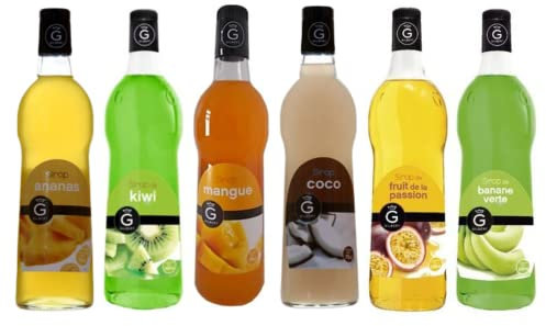 Lot sirops exotiques Rioba - Ananas 70cL, Kiwi 1L, Mangue 70cL, Coco 70cL, Fruit de la passion 1L, Banane verte 1L