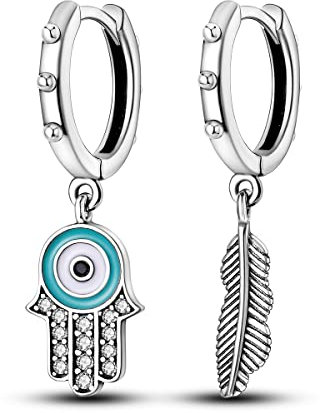 NARMO Talisman Evil Eye Hamsa Feder Ohrringe - 925 Sterling Silber Dangle Drop Hoop für Frauen