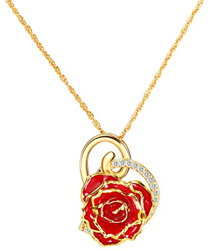 AliveRose Collier avec pendentif en or rose véritable trempé pour femme, collier avec pendentif rose en or 24 carats, bijoux, fête des mères, anniversaire, Noël, occasions spéciales, cadeaux pour elle