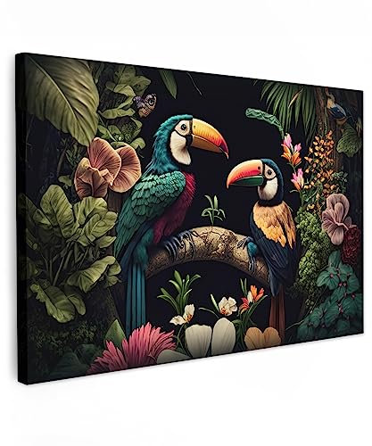 MuchoWow© Bild auf Leinwand 90x60 cm Schlafzimmer Bilder Wand Deko Wohnzimmer Modern Wanddeko Bilderwand Geschenk Vogel - Blumen - Pflanzen - Dschungel - Schwarz - Tukan - Natur - Grün