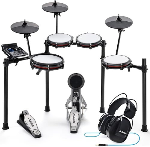 Alesis Nitro Max Kit Elektronische Schlagzeug mit Quiet Mesh Pads, 10 Dual Zone Snare, Bluetooth, 440+ Sounds, Drumeo, USB MIDI, Kick Pedal und E Drums Kopfhörer