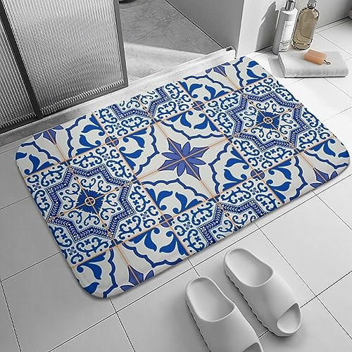 Bioputty Moroccan Mosaic Tiles Bath Mat Dark Blue and White Bathroom Rugs for Shower Soft Non Slip Absorbent Washable Bath Rugs for Bathroom Tub Washroom Spa Holiday Home 16x24 Inch